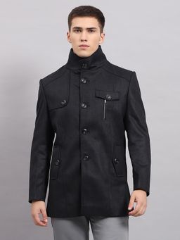 Monte Carlo - Men's Self Design Black Band Neck Full Sleeves Coat