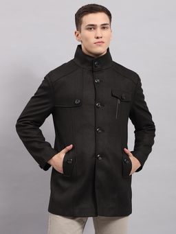 Monte Carlo - Men's Self Design Brown Band Neck Full Sleeves Coat