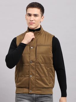 Monte Carlo - Men's Solid Khaki Collar Neck Full Sleeves Jacket