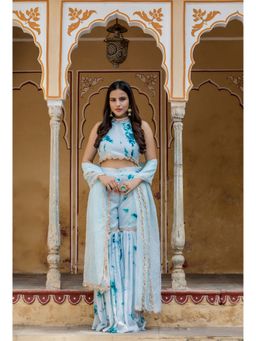 HOUSE OF JAMOTI - Blue Shibori Halter Top Sharara With Dupatta (Set of 3)