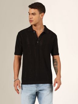 SHOWOFF - Men Textured Striped Black Knitted Polo T-Shirt
