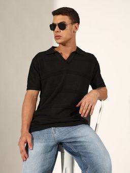 SHOWOFF - Men Textured Striped Black Knitted Polo T-Shirt