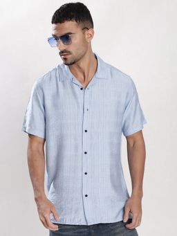 Bene Kleed - Men Blue Textured Resort Collar Shirt