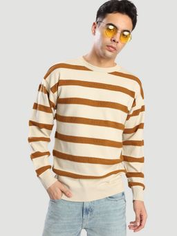 Bene Kleed - Men Crew Neck Regular Fit Striped Beige Sweater