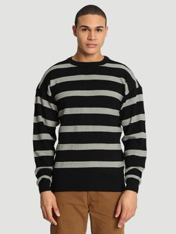 Bene Kleed - Men Crew Neck Regular Fit Striped Black Sweater