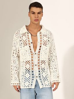 SHOWOFF - Men White Crochet Knit Full Sleeve Shirt