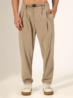 SHOWOFF - Men Textured Beige Relaxed Fit Pant with Attached Adjustable Belt