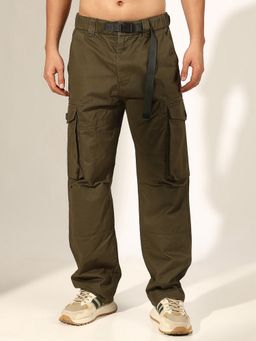 SHOWOFF - Men Olive Cargo Pant with Adjustable Waist