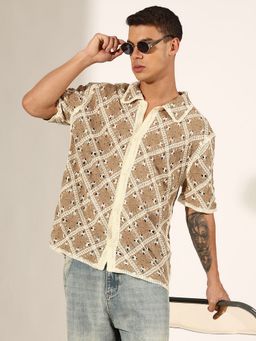 SHOWOFF - Men Beige Crochet Knit Short Sleeve Button-Down Shirt