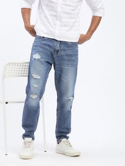 SHOWOFF - Men Distressed Mid-Rise Straight Fit Blue Jeans