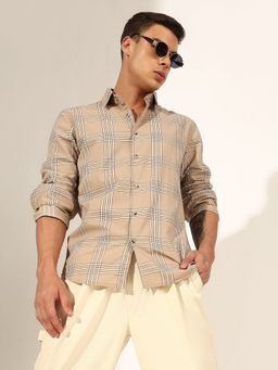 SHOWOFFFF - Men Checked Beige Regular Fit Casual Shirt