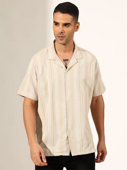 SHOWOFF - Men Striped Beige Half Sleeve Cuban Collar Shirt
