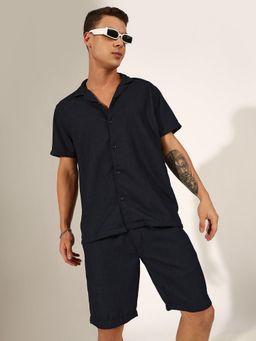 SHOWOFF - Men Navy Blue Cuban Collar Shirt and Shorts Co-ord Set