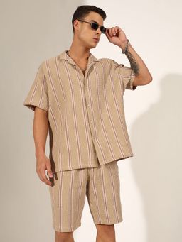 SHOWOFF - Men Striped Beige Cuban Collar Shirt and Shorts Co-ord Set