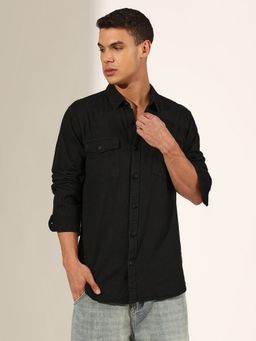 SHOWOFF - Men Black Button Down Shirt with Chest Pockets
