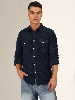 SHOWOFF - Men Navy Blue Corduroy Button Down Shirt