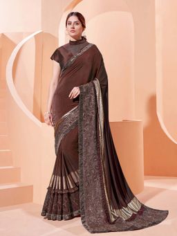 Odette - Brown Elegant Lycra Saree with Unstitched Blouse