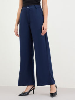 Styli - Women Navy Blue Wide Fit Full Length Casual Trouser