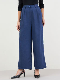 Styli - Women Navy Blue Full Length Wide Leg Casual Trouser