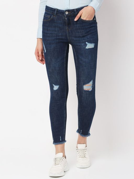 Buy VERO MODA Women Dark Blue Mid Waist Skinny Distressed Jeans