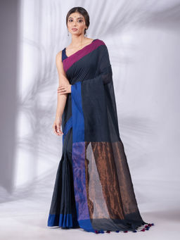 CHARUKRITI - Dark Grey Pure Cotton Woven Design Soft Saree & Zari Pallu with Unstitched Blouse