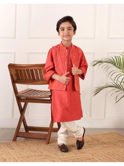 Fabindia - Coral Viscose Blend Embroidered Kurta with Nehru Jacket Set