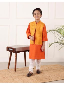 Fabindia - Orange Cotton Hand Block Kurta with Nehru Jacket Set