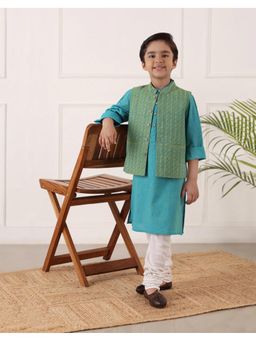 Fabindia - Teal Cotton Hand Block Kurta with Nehru Jacket Set