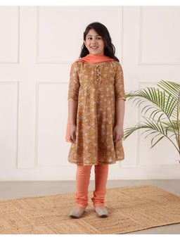 Fabindia - Mustard Cotton Silk Hand Block Churidar Set