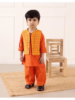 Fabindia - Orange Cotton Hand Block Kurta with Pyjama and Nehru Jacket