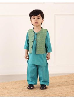 Fabindia - Teal Cotton Hand Block Kurta with Pyjama and Nehru Jacket