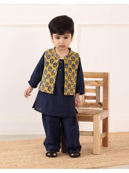 Fabindia - Navy Blue Cotton Bagru Kurta with Pyjama and Nehru Jacket