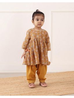 Fabindia - Mustard Cotton Silk Hand Block Kurta with Salwar