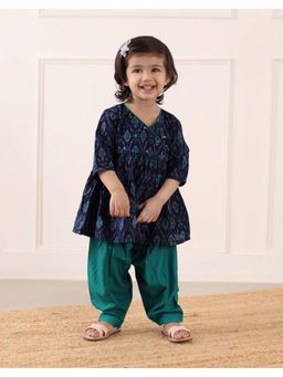 Fabindia - Navy Blue Cotton Silk Blend Ikat Kurta with Salwar
