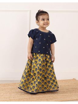 Fabindia - Blue/Mustard Cotton Bagru Lehenga Set
