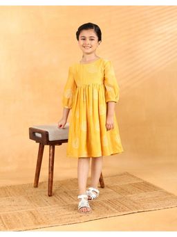 Fabindia - Yellow Cotton Silk Blend Hand Block Dress