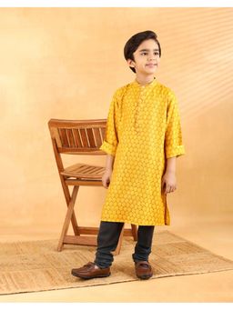 Fabindia - Yellow Viscose Blend Hand Block Long Kurta