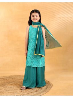 Fabindia - Green Cotton Silk Blend Hand Block Palazzo Set