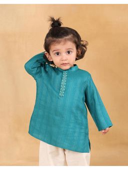 Fabindia - Teal Viscose Blend Zari Striped Long Kurta