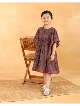 Fabindia - Wine Rayon Blend Hand Block Bloom Frill Dress