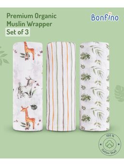Bonfino - Premium Organic Muslin Wrapper African Safari Print Pack of 3-Green&White (0-18 Months)