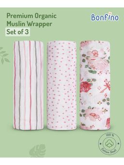 Bonfino - Premium Organic Muslin Wrapper Cupcake Print Pack of 3-Pink & White (0-18 Months)