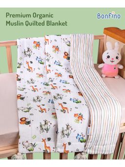 Bonfino - Premium Organic Muslin Quilted Blanket African Safari Print-Green&White (0-24 Months)