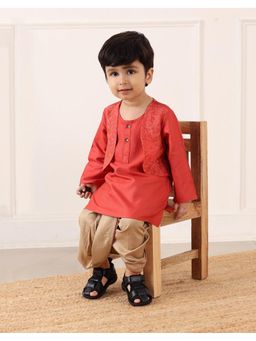 Fabindia - Red Viscose Blend Embroidered Kurta with Dhoti