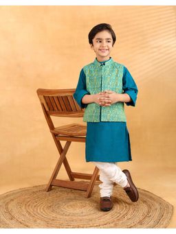 Fabindia - Green Cotton Hand Block Kurta with Nehru Jacket