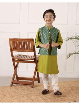 Fabindia - Green Viscose Blend Hand Block Kurta with Nehru Jacket Set