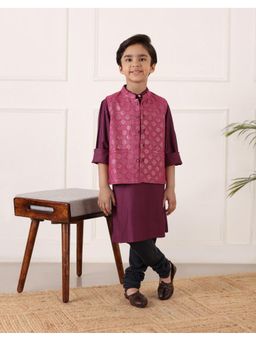 Fabindia - Wine Viscose Blend Hand Block Kurta with Nehru Jacket Set