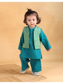 Fabindia - Green Cotton Hand Block Kurta with Pyjama and Nehru Jacket