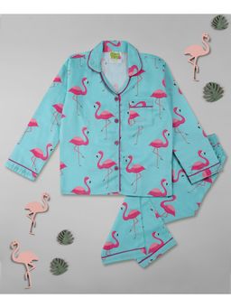 Pyjama Party - Pink Flamingo Kids Pure Cotton Pyjama Set with Notched Collar