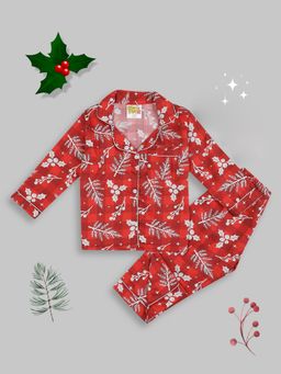 Pyjama Party - Crimson Christmas Kids Pure Cotton Pyjama Set with Notched Collar